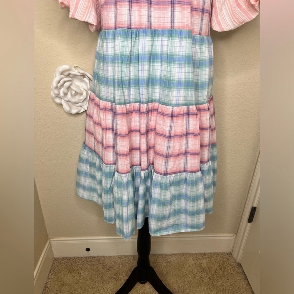 NTM: Entro Bubble Sleeve Blue, Green, Pink & White Plaid Lined Mini Dress Sz L - Picture 11 of 14